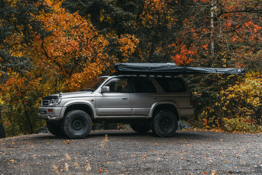 Extended free standing 270 degree awning set up in Autumn